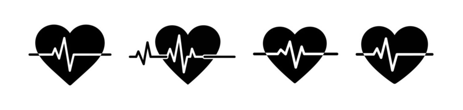 Set of four black heart icons with cardiogram lines, representing heartbeat and health, in a clean, graphic style