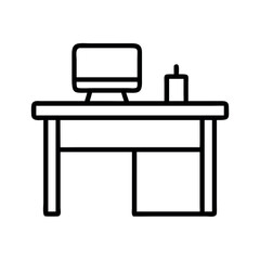 Line art icon of a modern desk with a computer and a stationery holder, symbolizing technology and workspace.