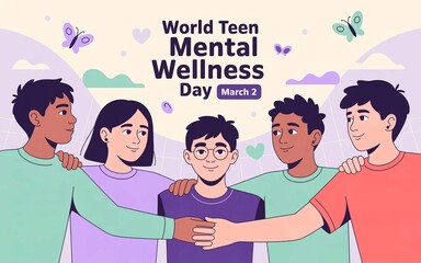 Fototapeta premium World Teen Mental Wellness Day is observed annually on March 2 to raise awareness, reduce stigma, and promote mental health resources for teenagers. Vector illustration