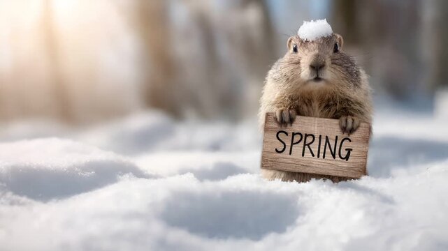 Spring snow ice thaw, end of Winter Season, hope, fresh start. A groundhog holding a wooden sign that reads SPRING against a backdrop of a snowy landscape.