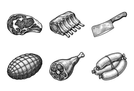 Vintage engraving style collection of meat products including beef steak pork ribs ham leg and sausages with a butcher cleaver isolated on white
