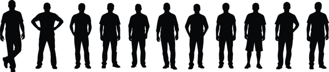 Standing male silhouettes set in different poses, black human shadow figures isolated on white flavector