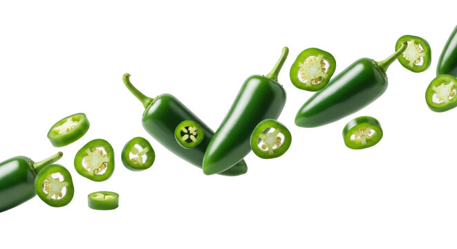 Fresh green jalape&ntilde;o peppers, whole and sliced with visible seeds, dynamically floating against a transparent studio background with copy space, inspiring culinary energy
