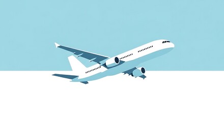 Obraz premium Modern commercial jet aircraft ascending against a minimalist blue and white sky in a flat design style.