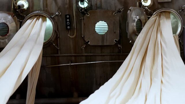 Flowing fabric emerging from large dyeing machines inside a textile factory. Professional industrial footage reflecting technical process, production discipline and large scale manufacturing.