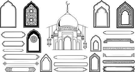 Arabic label frames. Modern islamic mosque dome and lanterns, monochrome blank arch stickers, traditional ornamental minimalist windows and simple border emblems. Vector set