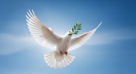 Obraz premium A white dove with an olive branch in its beak flies against a bright blue sky.