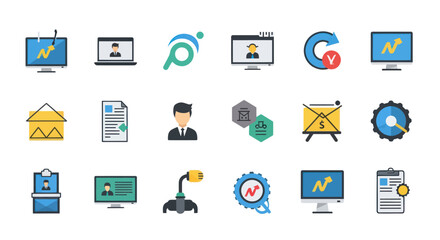 Flat Design Business and Technology Icons Set for Data Analysis and Communication.