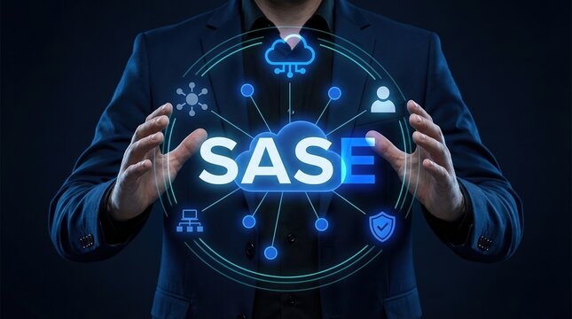 SASE, cybersecurity, cloud security, network security, technology, digital transformation, business professional presenting secure access service edge framework for enterprise data.