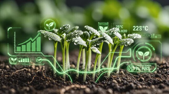 Growing plants with digital technology. Smart farming monitors growth and moisture levels. Beautiful green seedlings thrive in rich soil with digital data.