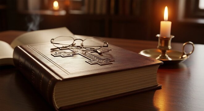 Ancient Holy Bible with Cross and Candlelight.