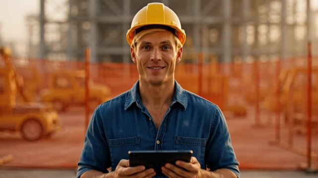 A construction worker in a hard hat uses a tablet on a building site in a video about modern construction techniques