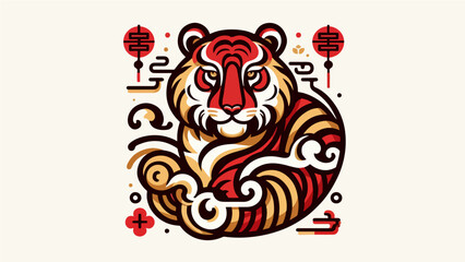 Obraz premium Majestic tiger illustration in traditional Chinese art style with red and gold lunar new year elements