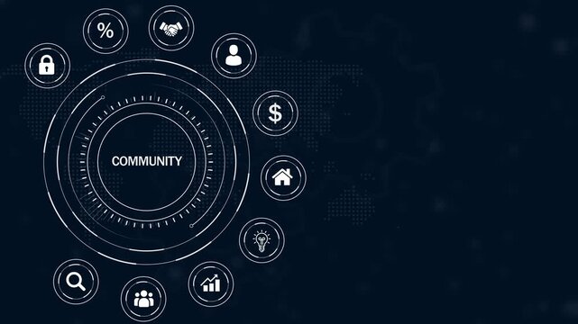 Digital interface displaying the word COMUNITY surrounded by interconnected white representing business, finance, and social concepts on a dark blue