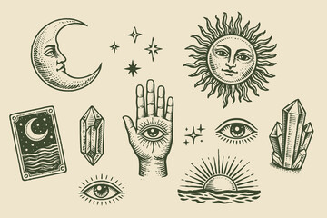 Mystic moon sun crystal symbols engraving vector illustration © Victoria