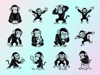 Cute Cartoon Monkey Characters with Diverse Emotions and Actions Vector Set
