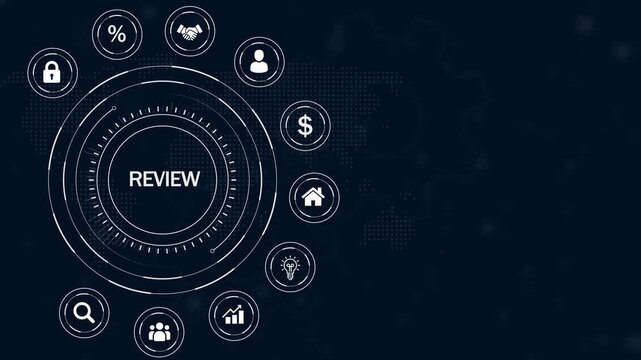 Digital interface displaying the word REVIEW surrounded by white representing business concepts like handshake agreement lock percentage user profile
