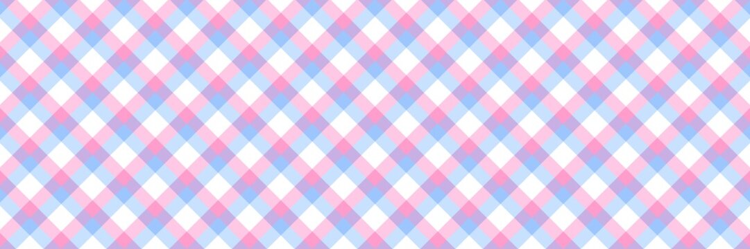 Pastel gingham plaid seamless pattern background with pink, blue, and purple checkered diagonal lines. Cute aesthetic plaid texture for fabric, wrapping paper, and spring wallpaper.