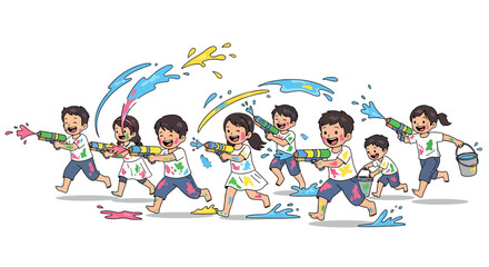 Fototapeta premium Smiling Children Playing Holi With Pichkaris
