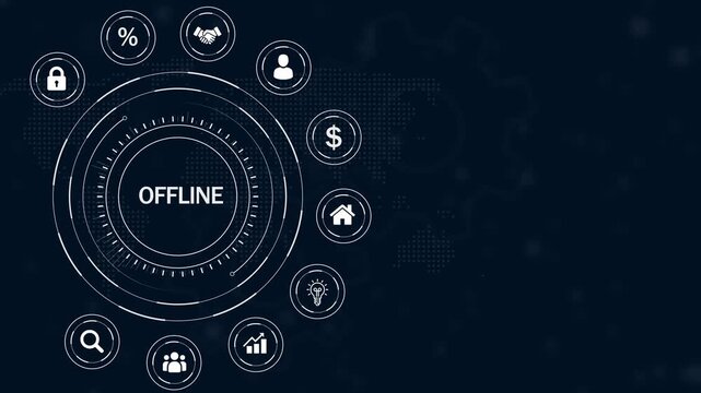 Circular digital display showing the word OFLINE, encircled by white business on a dark blue background with map and gear