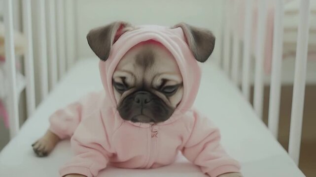 Adorable Pug Puppy in Pink Hooded Onesie Resting Comfortably in a White Crib.