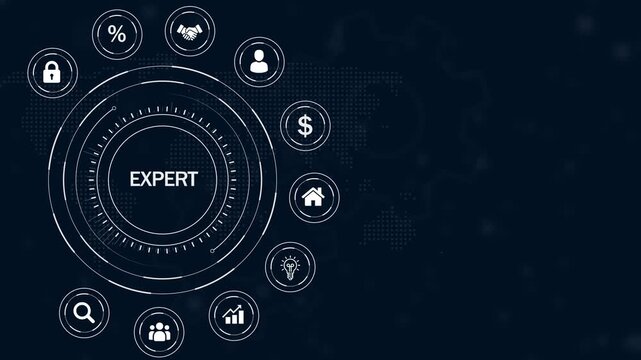 Digital interface displaying the word EXPERT in a central circle surrounded by white business on a dark blue background with map and gear