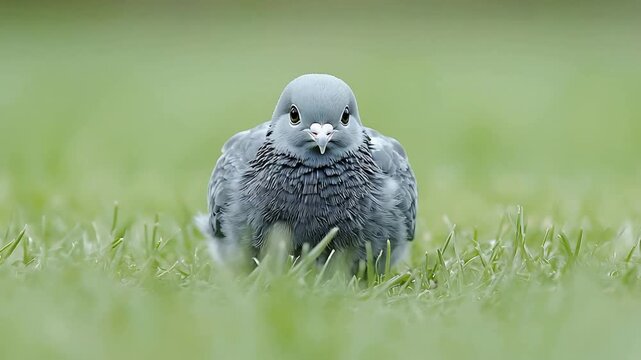 Adorable Young Pigeon Squab Rests Peacefully in Lush Green Grass Meadow Close Up.