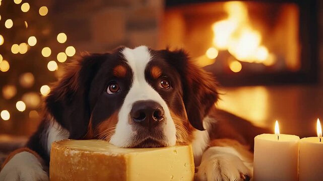Cute Dog Longingly Eyes Snack by Cozy Fireplace with Christmas Lights and Candles.
