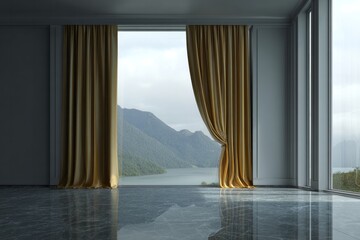 Fototapeta premium Luxurious gold curtains frame a serene mountain lake view.