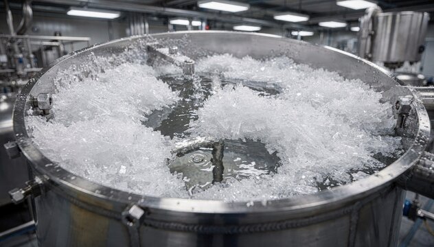 Closeup medium shot of opentop batch crystallizer revealing aluminum sulfate crystal formation under bright factory lighting.