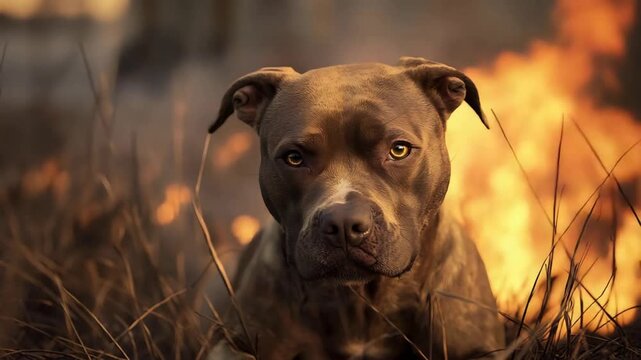 Intense Pit Bull Dog with Piercing Golden Eyes Stares into Camera Amidst Wildfire.