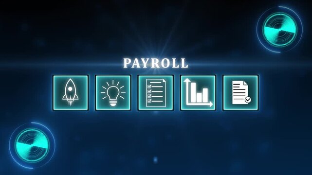 Payroll Management and Financial Processing System. Businessman works on payroll management with icons for payment, efficient payroll operations and employee salaries, scheduling, analysis finance.4k