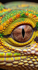 Naklejka premium Close-up of reptile eye and patterned skin, showcasing unique scale texture in hues of yellow, green, orange. Represents adaptation, detail, and nature