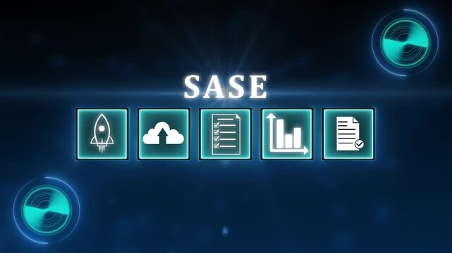 SASE, Secure Access Service Edge concept, security framework that integrates software-defined wide area networking (SD-WAN). Person touching SASE icons on virtual screen.4k