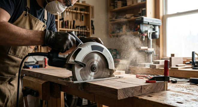 Carpenter Cutting Wood with Circular Saw in Rustic Workshop