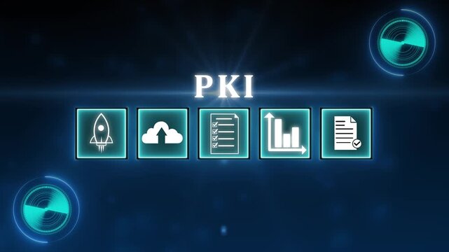 PKI, Public Key Infrastructure business concept. Information security technology. Person touching PKI icons on virtual screen.4k video
