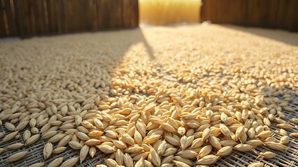 Obraz premium foolishness. Barley grains drying on a mat under soft, natural sunlight. menu design, packaging mockups, designed for culinary blogs and recipe cards for restaurants, used by account managers.