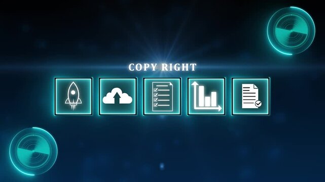 Copyright or patent concept. Author rights and patented intellectual property. copyleft trademark license. Businessman use laptop with copyright icon on virtual screen. 4k video