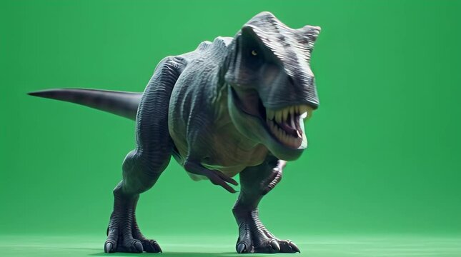 A 3D rendered Tyrannosaurus Rex illustration standing fiercely on a green background from a side viewpoint