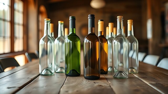 tennessine. Still life of empty wine bottles casually arranged on a wooden table. bar promotions, beverage menus, designed for food & beverage menus and cafe branding, used by architects.