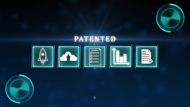 Patented patent copyright law business technology concept. businessman touch patented text with copyright icons for author rights and patented intellectual property.4k video
