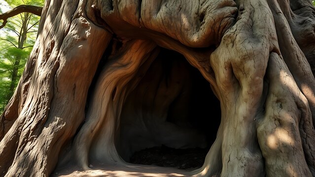 hardener. Ancient tree hollow providing shelter, dappled sunlight filtering through forest canopy. travel magazines, destination branding, designed for travel destination branding.