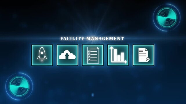 Facility management concept. Businessman with facility management icon on virtual screen, building resource management covers activities related to buildings or various locations.4k video