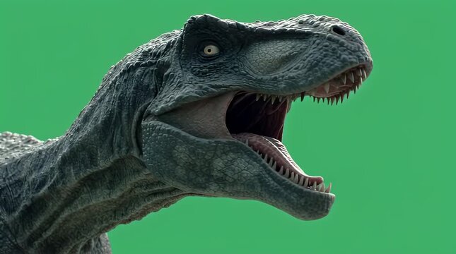 A close-up of a roaring dinosaur's head with sharp teeth on a green background from a low angle viewpoint
