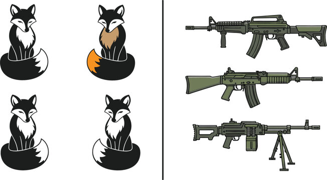 Fox character illustrations and modern military rifle weapons vector set with animal mascots and firearm equipment isolated on white background