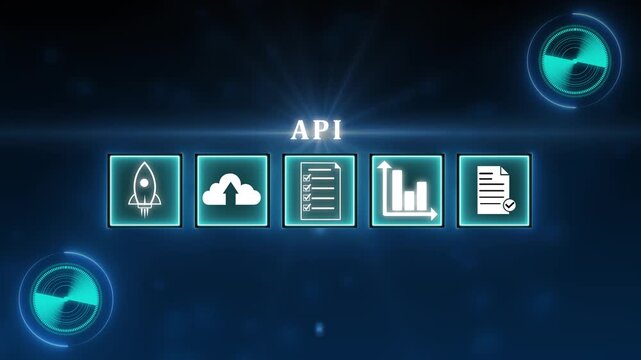 API Application Programming Interface Concept. A programmer types on a laptop, interacting with digital icons representing API development, security, and cloud computing. Application Software Tool,4k