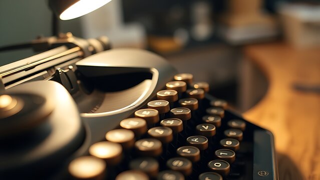 keystroke. Close-up of a vintage typewriter with brass details, softly lit by a warm desk lamp. product launch decks, UI/UX mockups, designed for product launches and innovation pitches.