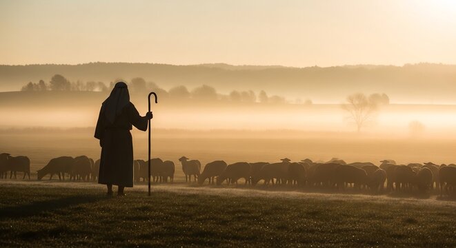 Silhouette of a Shepherd with Flock at Sunrise in Misty Landscape.