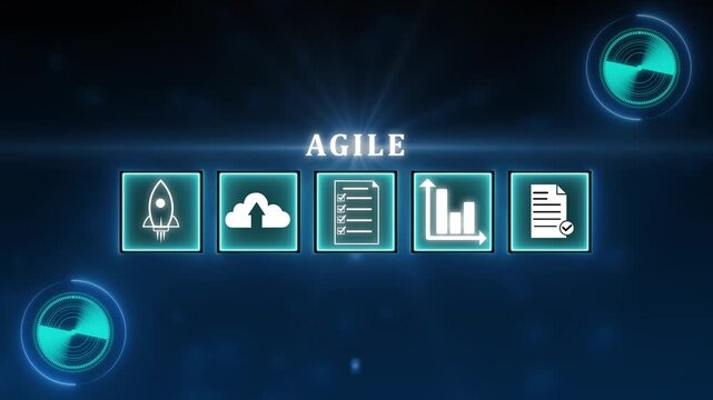 Businessman working on virtual touchscreen of future and sees flowchart with word: AGILE. Agile development software business web computer agility nimble quick fast start up concept.4k video
