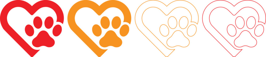 Set of four animal paw print and heart logo icons in different styles and colors © MdMehedi